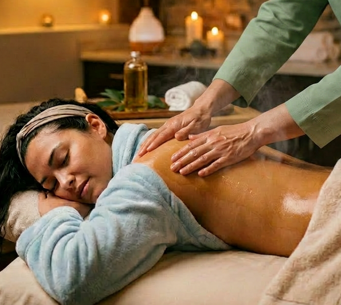 Therapist giving a back massage to a woman lying on a massage table